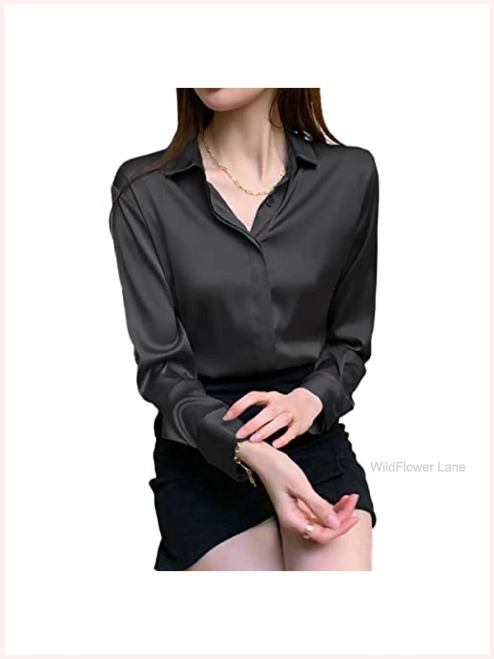 HIYIRUI Women's Satin Button-Down Blouse Long Sleeve